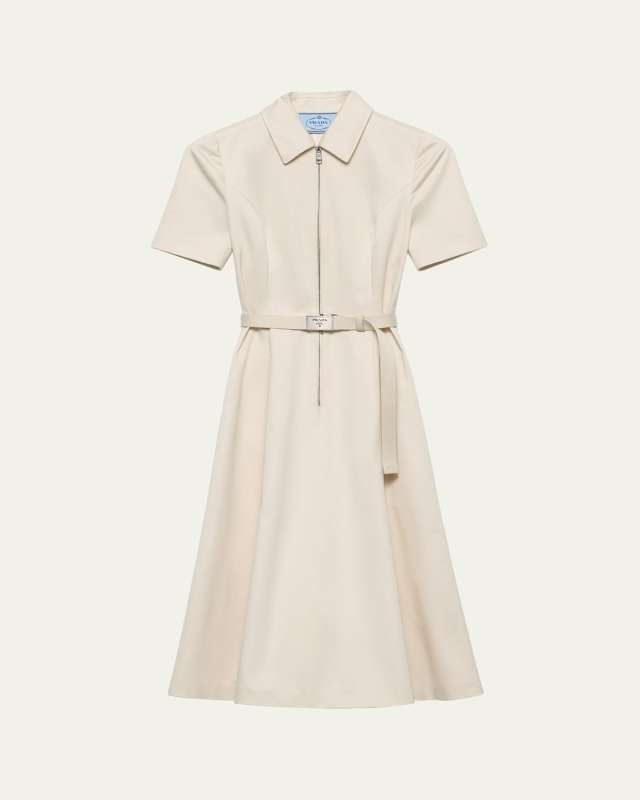 Short-Sleeve Belted Chino Midi Dress